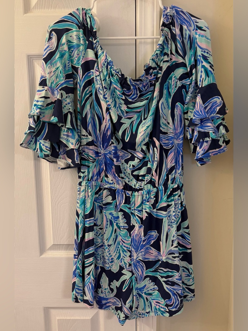 Lilly Pulitzer Calla Off-Shoulder Romper in the High Tide Navy - Picture 5 of 5